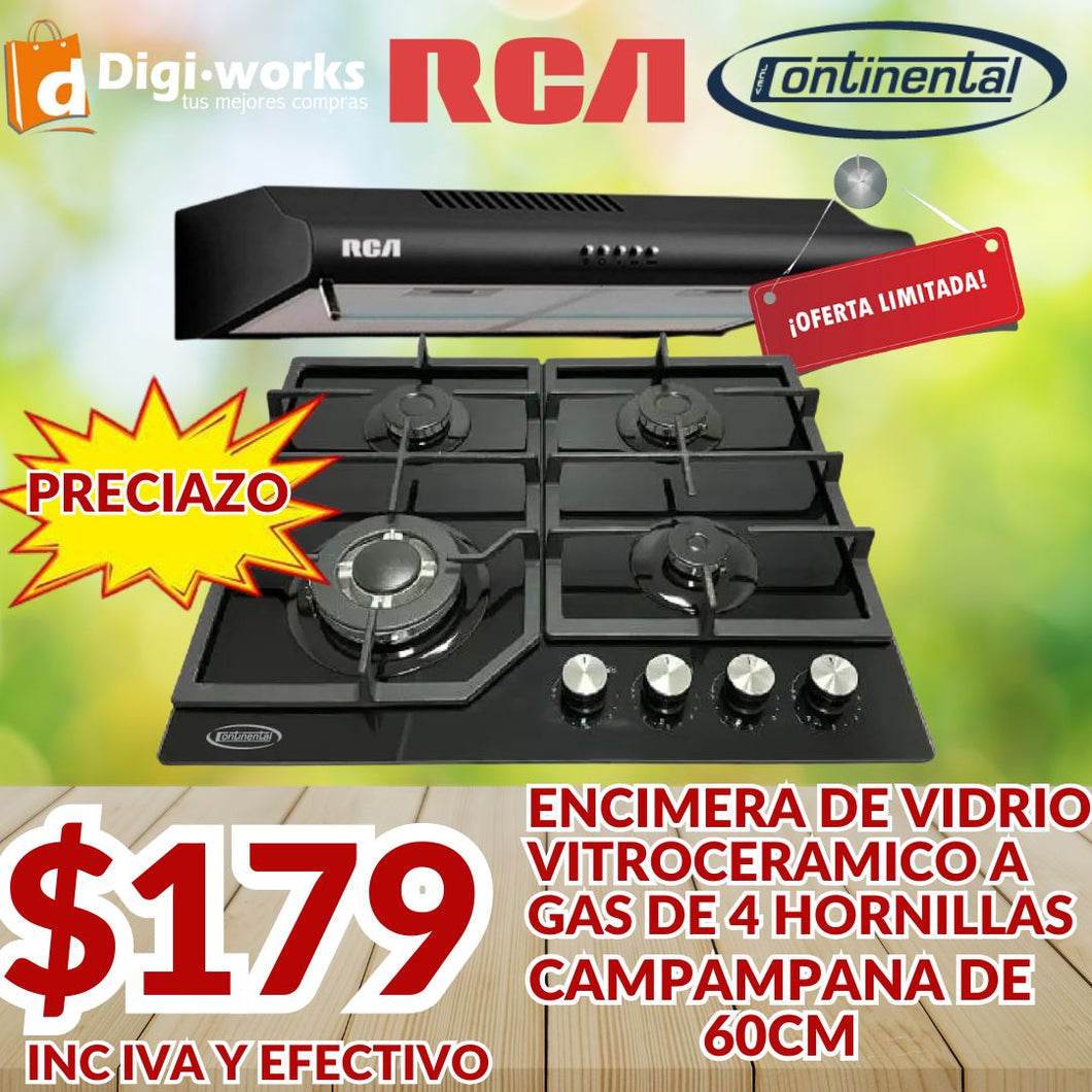 CONTINENTAL RCA ENCIMERA DE 4 HORNILLAS DE VIDRIO VITROCERAMICO Y CAMPANA EXTRACTORA DE 60CM