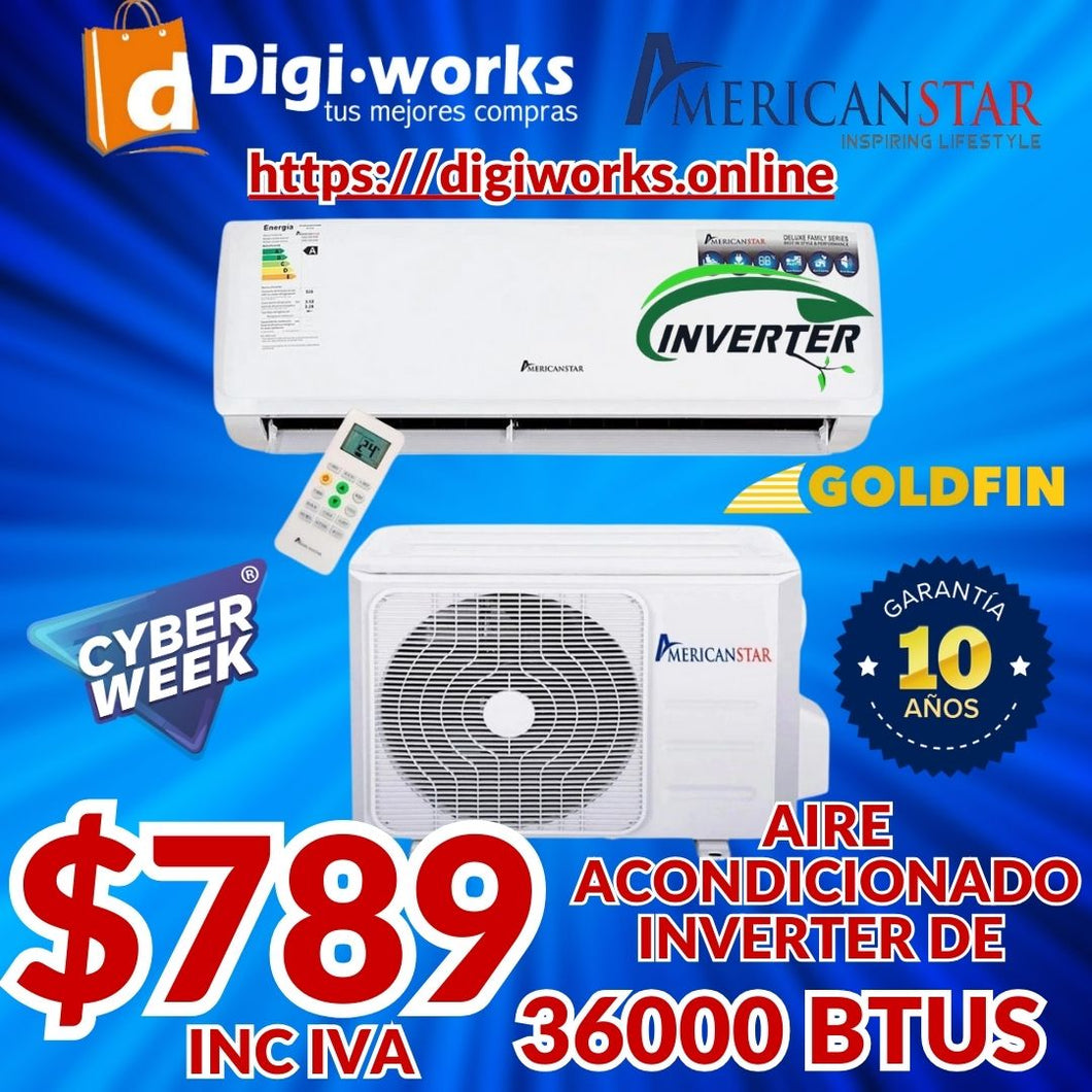 AMERICAN STAR AIRE ACONDCIONADO DE 36000 BTUS INVERTER CON GOLDFIN A UN SUPER PRECIO